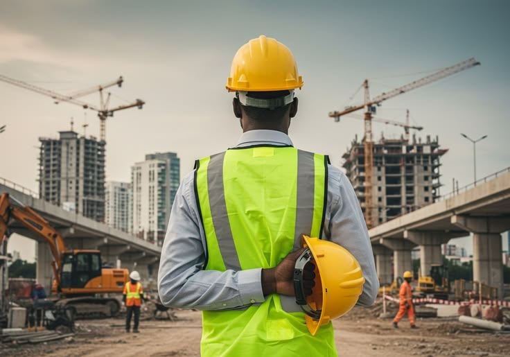 Engineer facing away, viewing towers under construction in the distance
