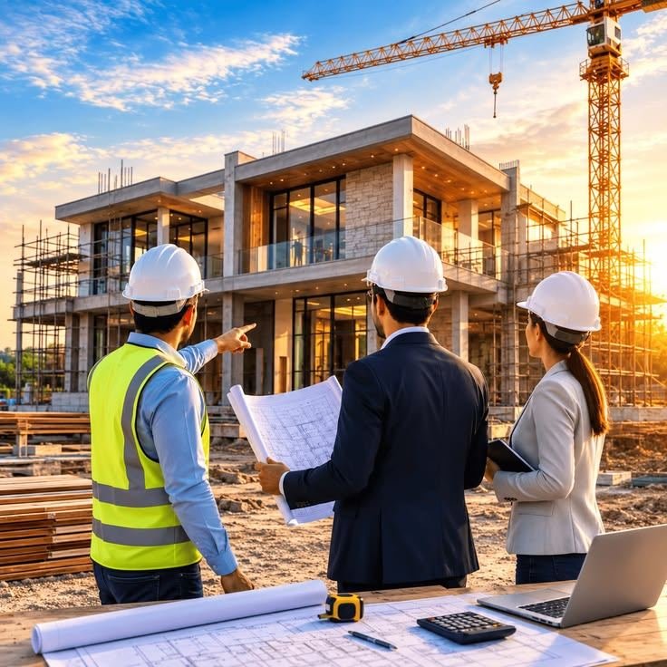 Engineer reviewing building plans with clients at a construction site
