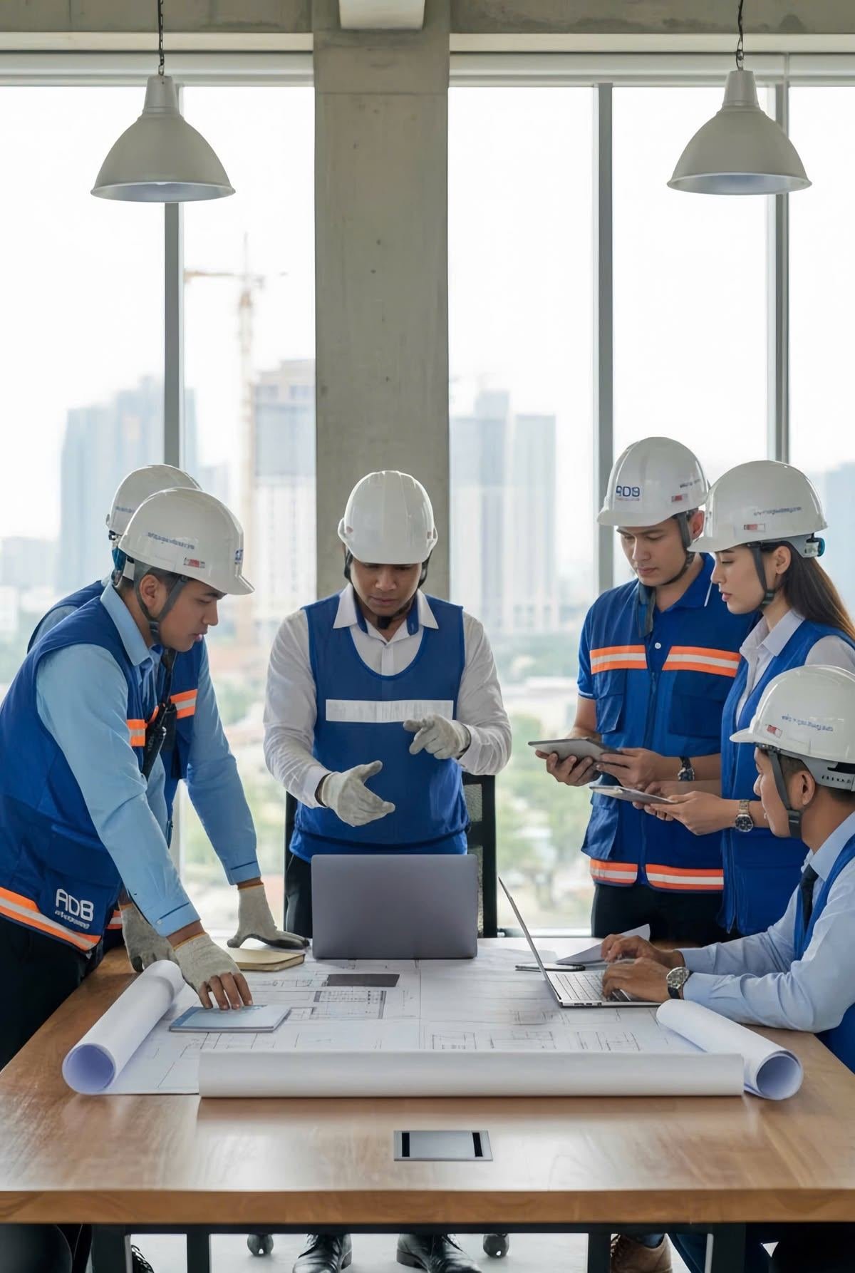 Team of engineers in a meeting room discussing blueprints